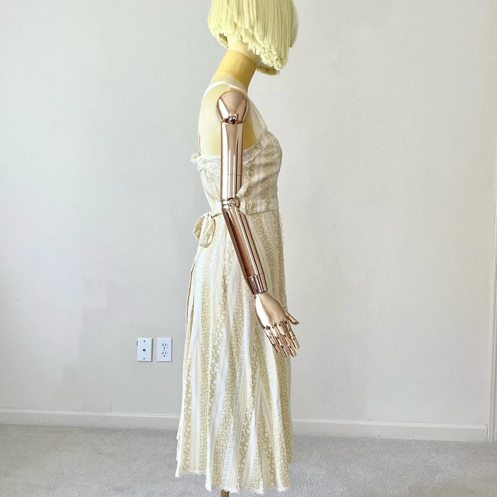 Reformation Yellow Stripes Lace Trim Embellishment Midi Dress SZ 0 - Picture 5 of 7